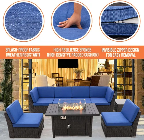 Miniatura 3 de Juego de 8 muebles de patio al aire libre con mesa para fogata de propano de 46 pulgadas, muebles de mimbre de polietileno marrón, sofá seccional