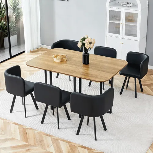 Miniatura 9 de Juego de mesa de comedor para 6, mesa de cocina de mármol y madera sintética de 60 pulgadas con 6 sillas de piel sintética, moderno juego de mesa