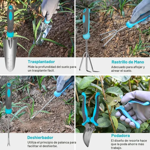 Miniatura 4 de Herramientas de jardinería, Carsolt juego de 10 piezas de herramientas de jardín de acero inoxidable resistente con mango ergonómico de goma.