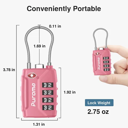 Miniatura 3 de Puroma Paquete de 2 cerraduras de equipaje aprobadas por la TSA, combinación de 4 dígitos, cerradura de código reiniciable con cuerpo de aleación