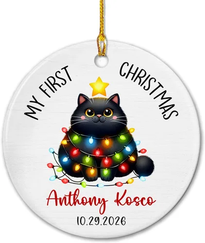 Adornos de cerámica personalizados con texto en inglés «My First Christmas», bonito adorno de Navidad de gato para bebés, niños, primer recuerdo de
