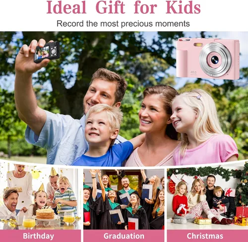 Miniatura 5 de Cámara Digital para Niños, FHD 1080P Apuntar y Disparar Cámara para Niños con Zoom Digital de 16X, Anti-Vibración, Flash, Tarjeta de 32GB, Cámara
