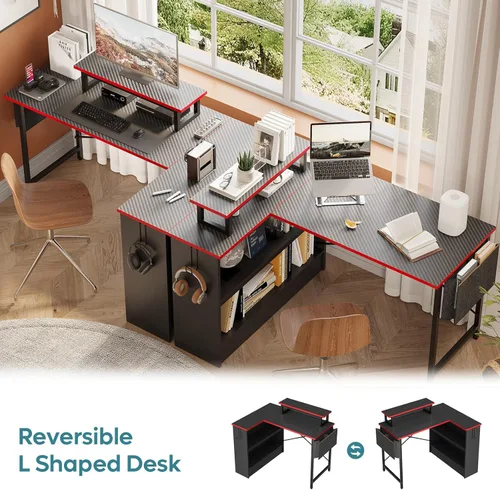 Miniatura 7 de Bestier Escritorio para juegos en forma de L con estantes de almacenamiento, escritorio de esquina reversible de 42 pulgadas con luces LED, mesa