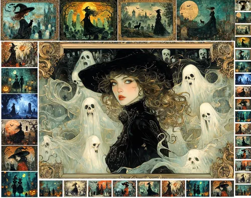 Miniatura 13 de Decoupage - Paquete de papel (35 hojas de 6 x 8 pulgadas), elegante hechicería de Halloween, brujas elegantes, gatos negros y fantasmas juguetones