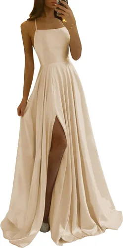 POMUYOO Vestidos de dama de honor con tirantes delgados para mujer, con bolsillos, vestido largo de baile de graduación con abertura, vestido formal