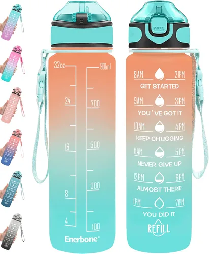 Miniatura 31 de Enerbone Botella de agua potable de 32 oz con tiempos para beber y popote, motivacional con correa para llevar, a prueba de fugas, sin BPA ni