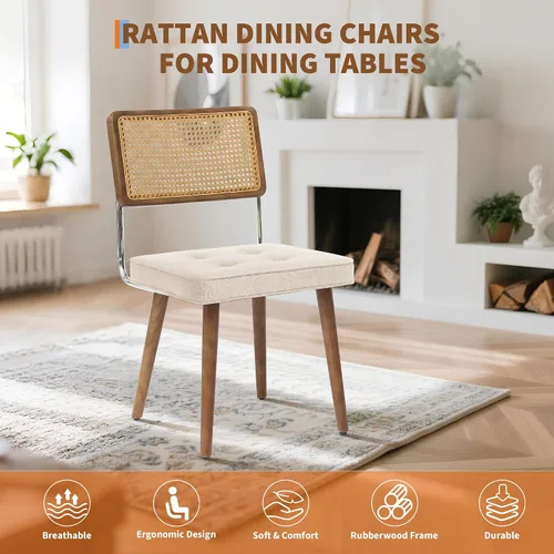 Miniatura 7 de GarveeHome Juego de 2 sillas de comedor de ratán natural, sillas de cocina tapizadas de lino con respaldo alto de caña y patas de madera fuertes