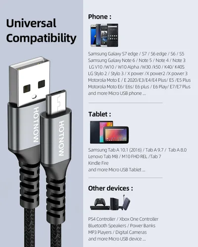 Miniatura 5 de Cable micro USB de 3 pies, 2 unidades, cable cargador Android USB 2.0 de sincronización de datos y cable trenzado de nailon de carga rápida
