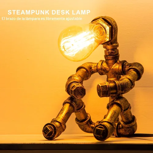 Miniatura 4 de Lámpara de Mesa Steampunk, Lámpara de Mesa de Robot de Metal Industrial Vintage, Lámpara de Mesa de Tubería de Agua, Luz de Escritorio Estilo Robot