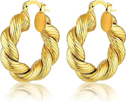 Miniatura 38 de Aretes de aro gruesos de oro para mujer, chapados en oro de 14 quilates, aretes de aro triple, hipoalergénicos, a la moda, aretes de aro gruesos