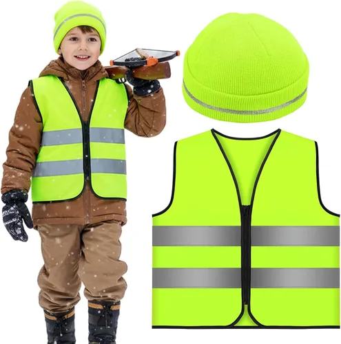 Berlune Conjunto de 2 piezas de chaleco y gorro de caza para niños, ropa de caza reflectante, chalecos para senderismo nocturno al aire libre