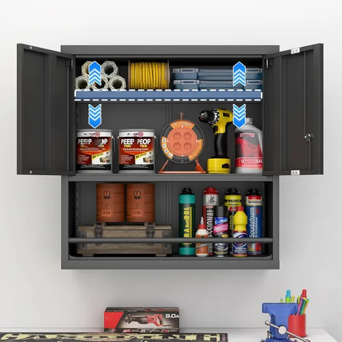Miniatura 4 de IRONFFICE Gabinete de pared de garaje, gabinetes de pared con bloqueo de metal con estante ajustable, gabinete de almacenamiento con cerradura
