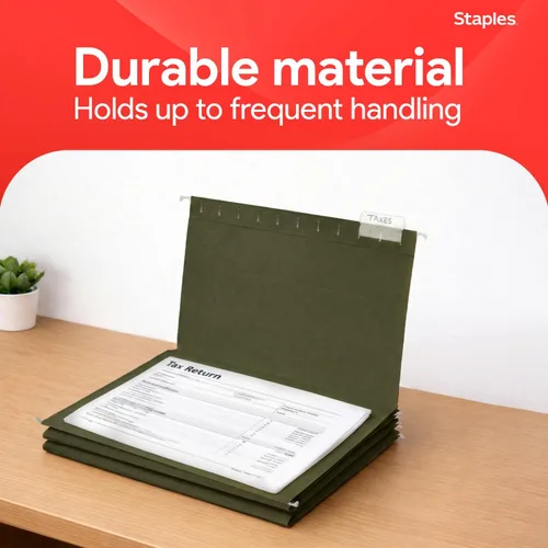 Miniatura 6 de Staples Carpetas colgantes para archivos, tamaño carta, pestañas de corte de 1/5, verde estándar, incluye pestañas e insertos de papel, paquete