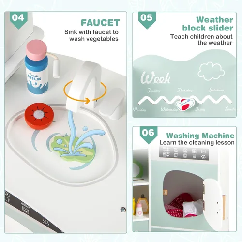 Miniatura 5 de INFANS Juego de cocina esquinera para niños, juego de cocina de madera para niños pequeños con luces, sonidos, máquina de café, lavadora, gabinete
