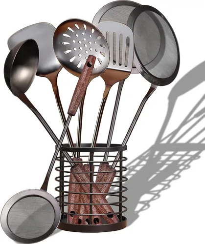 MARTE Juego de utensilios de cocina de cocina con soporte para utensilios, 8 herramientas de servir, juego de espátulas de cocina de acero Juego de 7
