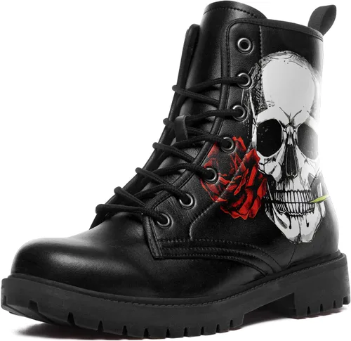 Miniatura 7 de Botas de combate negras personalizadas para mujer, con lazada, estilo cráneo y rosa, botas de tacón grueso y plataforma de cuero