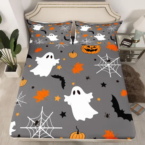 Miniatura 22 de Juego de ropa de cama de Halloween con patrón de sombras kawaii, sábana bajera tamaño queen, decoraciones de calabaza, luces de calabaza góticas