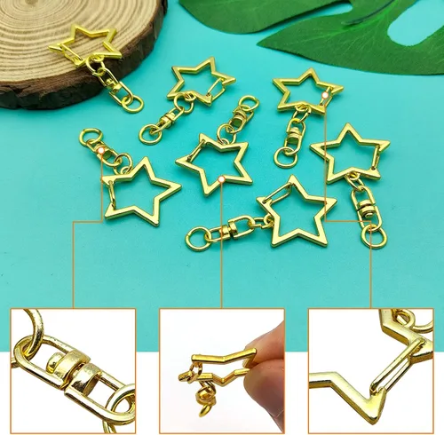 Miniatura 5 de 60 piezas de clip de llavero dorado en forma de estrella, cierre giratorio de metal con hebilla colgante de cadena con conector de anillo abierto