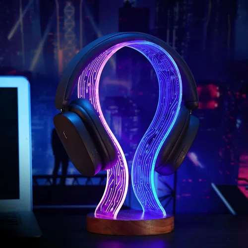 Lampeez Soporte para auriculares con luz nocturna LED azul y rosa, madera de nogal para jugadores, amantes de la música, idea de regalo