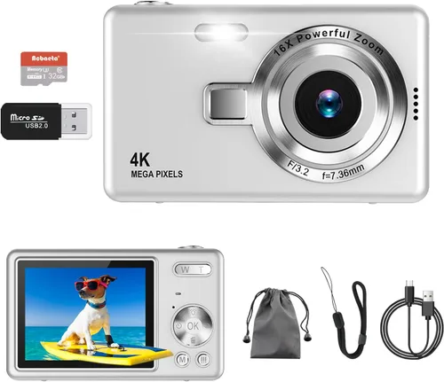 Miniatura 10 de Cámara digital, enfoque automático UHD 4K 50MP cámara de vlogging para fotografía con tarjeta SD de 32 GB, zoom 16X, antivibración, cámaras Púrpura