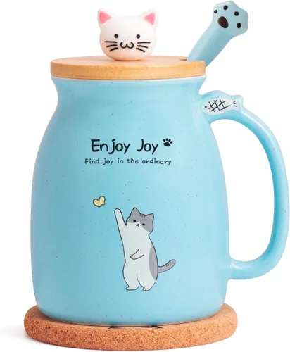 Miniatura 9 de Taza Linda de Gato de Cerámica para Café con Tapa de Madera de Gato Kawaii, Encantadora Cuchara de Acero Inoxidable, Posavasos de Madera Engrosada