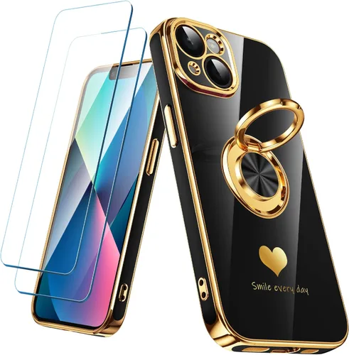 Funda compatible con iPhone 13 con 2 protectores de pantalla, soporte de anillo giratorio de 360° [patrón de corazones de lujo] chapado en oro borde
