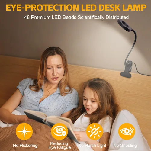 Miniatura 2 de Foneso Lámpara de escritorio con clip, luz de 48 LED, USB, con 3 modos de color, 10 niveles de brillo, protección ocular, cuello de ganso flexible