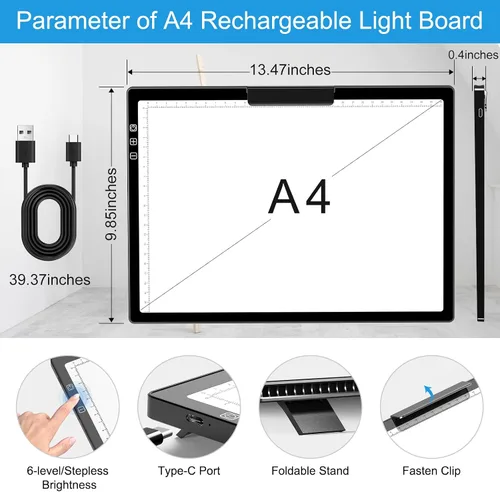 Miniatura 2 de Honesorn Almohadilla de luz de trazado de copia A4 con puerto tipo C, tablero de luz ultrafino de pintura de diamante, mesa de luz LED