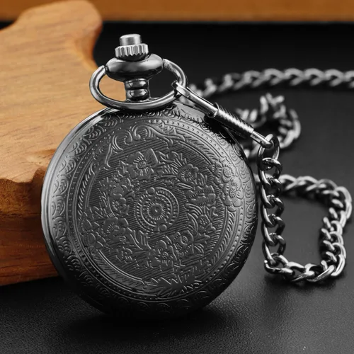 Miniatura 6 de Large Decorative Flower Pattern White Roman Numeral Scale Quartz Pocket Watches for Men with Chain