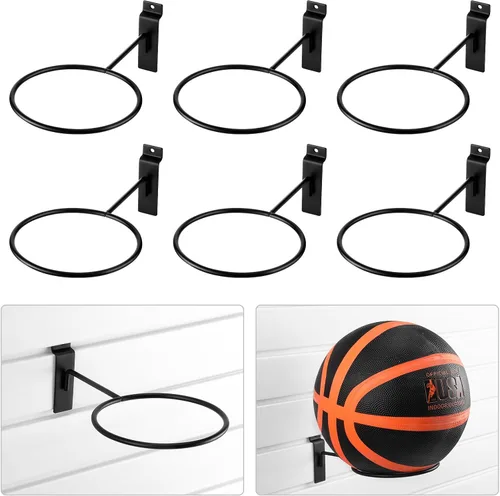 Gisafai 6 piezas de metal Slatwall almacenamiento de bolas multifunción soporte de bolas Slatwall Basquetbol Basquetbol Soporte de pared para