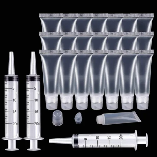 Paquete de 22 tubos vacíos de brillo de labios (0.3 onzas líquidas), botella vacía de viaje, tubos de compresión cosméticos suaves recargables para