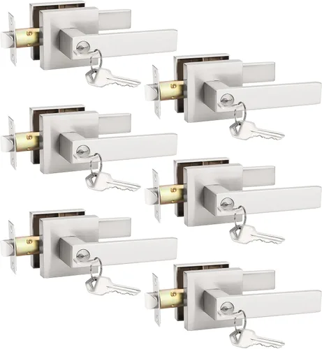 Miniatura 13 de KNOBWELL Juego de 6 manijas de puerta de entrada resistentes color negro mate con llave igual/combo con llave, manija de puerta clásica