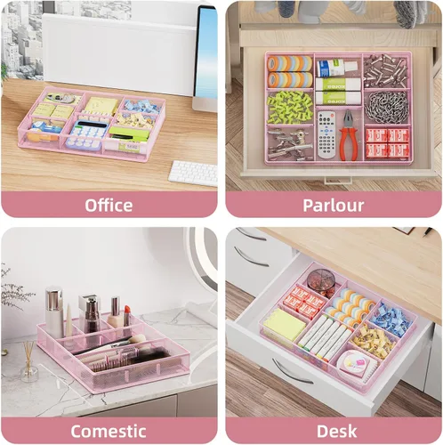 Miniatura 3 de Marbrasse Organizador de cajones de escritorio rosa 2P, bandeja organizadora de cajones de malla metálica con 5 compartimentos ajustables