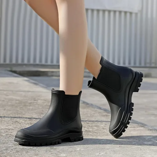 Miniatura 5 de Botas de lluvia para mujer, cómodos botines elásticos para adultos, botas Chelsea de tacón medio a la moda, impermeables, antideslizantes, suela