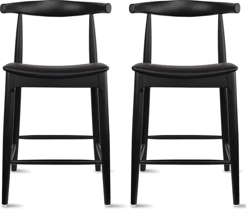 Miniatura 11 de 2xhome Taburete de bar de altura de mostrador con codo, marco de madera, taburetes de bar con respaldos abiertos, cojín de cuero PU oscuro, negro
