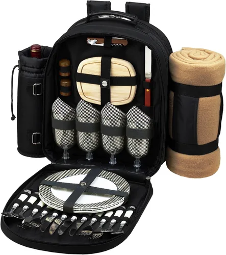 Picnic at Ascot Mochila de picnic para 4 personas equipada con enfriador, soporte para vino aislado y manta - Diseñada y montada en los Estados