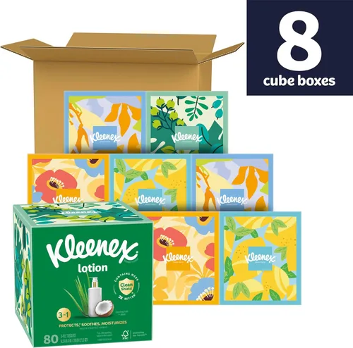 Miniatura 2 de Kleenex Loción de pañuelos faciales con aceite de coco, 8 cajas de cubos, 80 pañuelos por caja, 3 capas