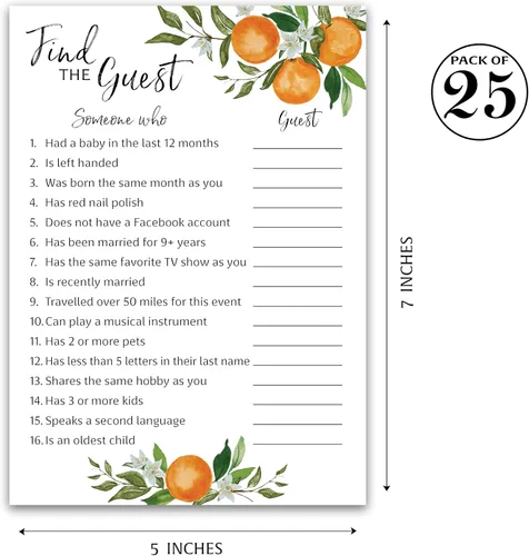 Miniatura 2 de A Little Cutie Baby Shower Games — Juego ENCUENTRA AL INVITADO — Paquete de 25 — Actividad de baby shower rompehielos, tema de naranja cítrica