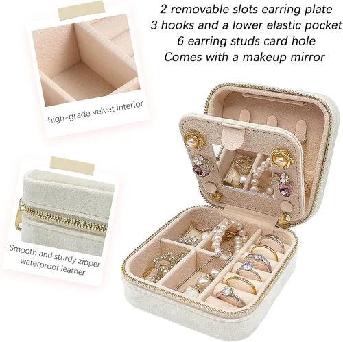 Miniatura 4 de Soddeph Joyero de terciopelo con espejo, mini estuche de joyería de viaje, estuche de viaje de joyería de felpa, pequeño organizador de joyas