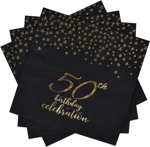 Gatherfun Servilletas de papel desechables para cumpleaños de 50 años, color negro y dorado, para decoración de fiesta de cumpleaños de 50 años (6.5