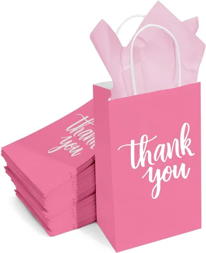 Miniatura 4 de DjinnGlory Paquete de 50 pequeñas bolsas de regalo de papel rosa con asas de 9 x 5.5 x 3.15 pulgadas y 50 papel de seda rosa para recuerdos
