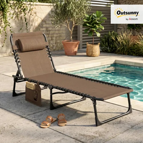 Miniatura 2 de Outsunny Tumbona plegable para exteriores, silla de bronceado con bolsillo lateral, correa de transporte, tumbona portátil para patio y playa