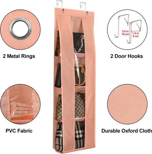 Miniatura 4 de Lirex Organizador de bolso para colgar sobre la puerta, organizador de almacenamiento de bolso con 4 bolsillos transparentes plegables, Rosa claro