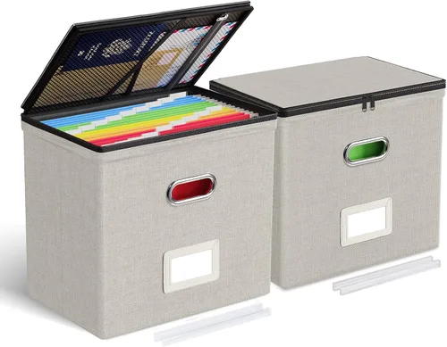 Miniatura 13 de Oterri Paquete de 2 cajas organizadoras de archivos con tapas, caja de archivos con bolsillos de malla, caja organizadora de documentos para Verde