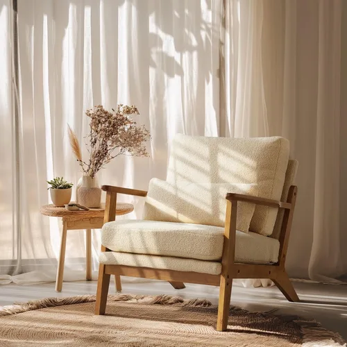 Miniatura 20 de VINGLI Silla de Acento de Madera Maciza con Reposabrazos Anchos, Silla Moderna Tapizada de Mediados de Siglo con Almohada, Cómoda Silla de Lectura