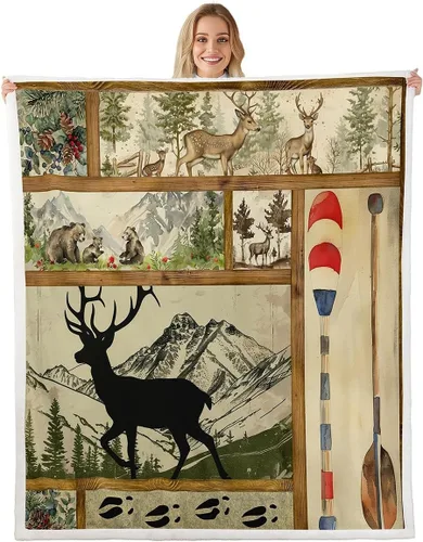 Miniatura 28 de Erosebridal Manta de vellón de animales del bosque, 40 x 50 pulgadas, con temática de caza de osos, ciervos, lobos, manta de felpa mullida