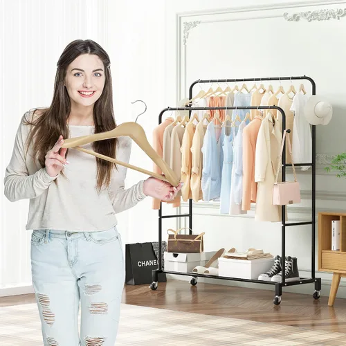 Miniatura 2 de Sooyee Perchero de doble barra con ruedas, perchero de 3 niveles para colgar ropa, perchero portátil con 4 ganchos para dormitorio, cuarto de Negro