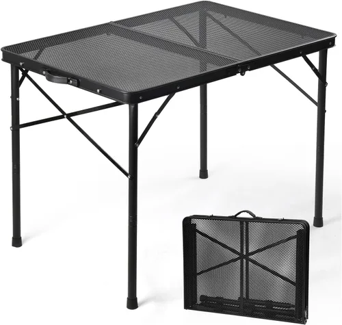 Miniatura 8 de Mesa plegable de 4 pies con escritorio de malla metálica, mesa de campamento con asa de transporte, altura ajustable (16.5 y 26 pulgadas), mesa al