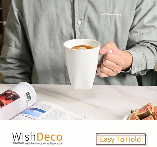 Miniatura 7 de WishDeco Juego de 6 tazas de café blancas, tazas de café de cerámica de 14 onzas, tazas de té modernas, tazas de té de porcelana, taza grande