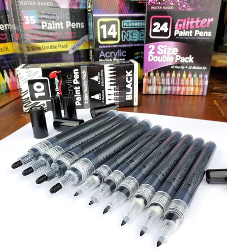 Miniatura 2 de ArtShip Design 10 rotuladores de pintura acrílica negros, paquete doble de marcadores de pintura de punta extra fina y media, para pintura en roca